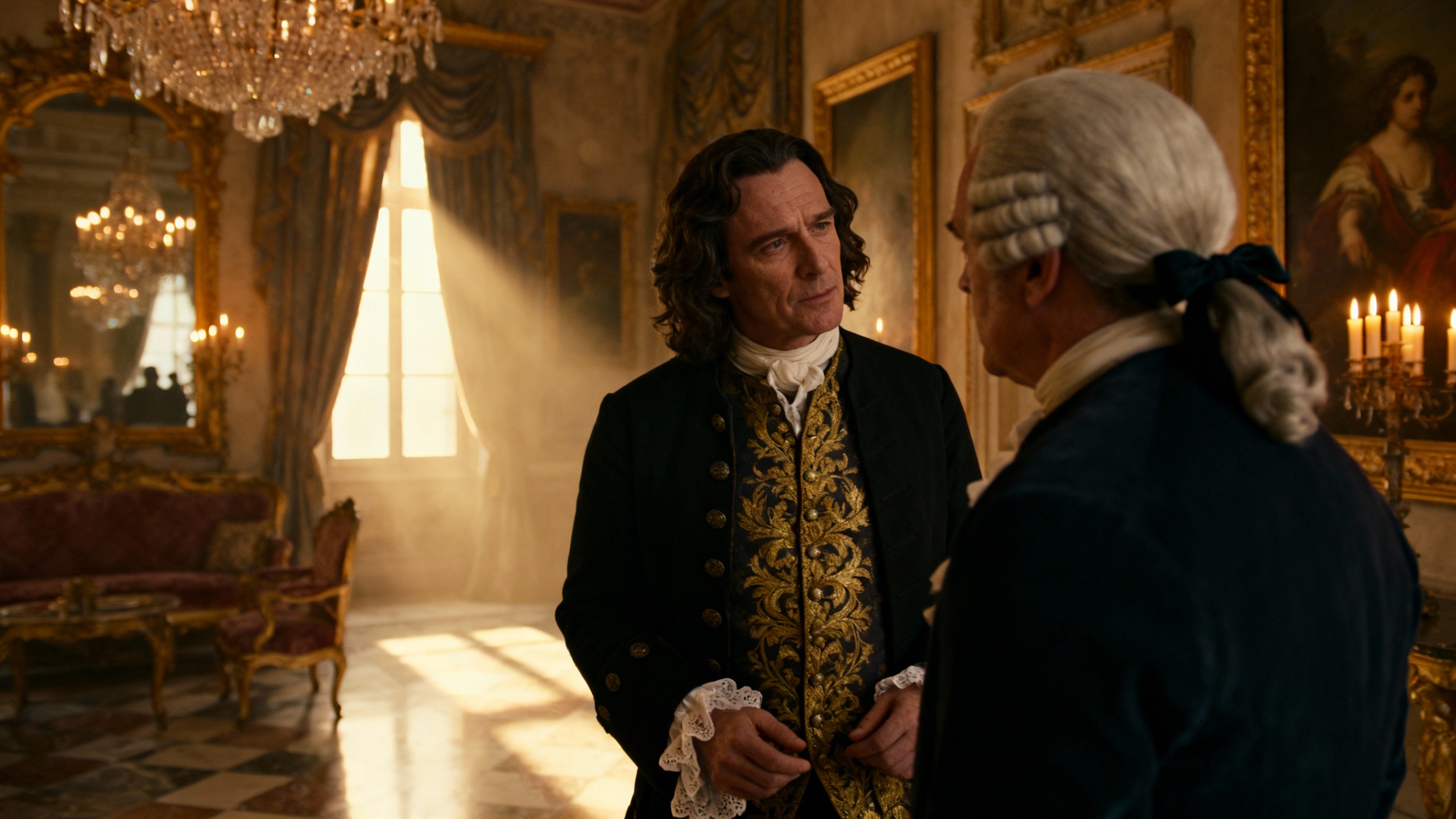 Casanova e Zaguri in abiti aristocratici del XVIII secolo conversano in un salone veneziano riccamente decorato, illuminato dalla luce che filtra dalle finestre.