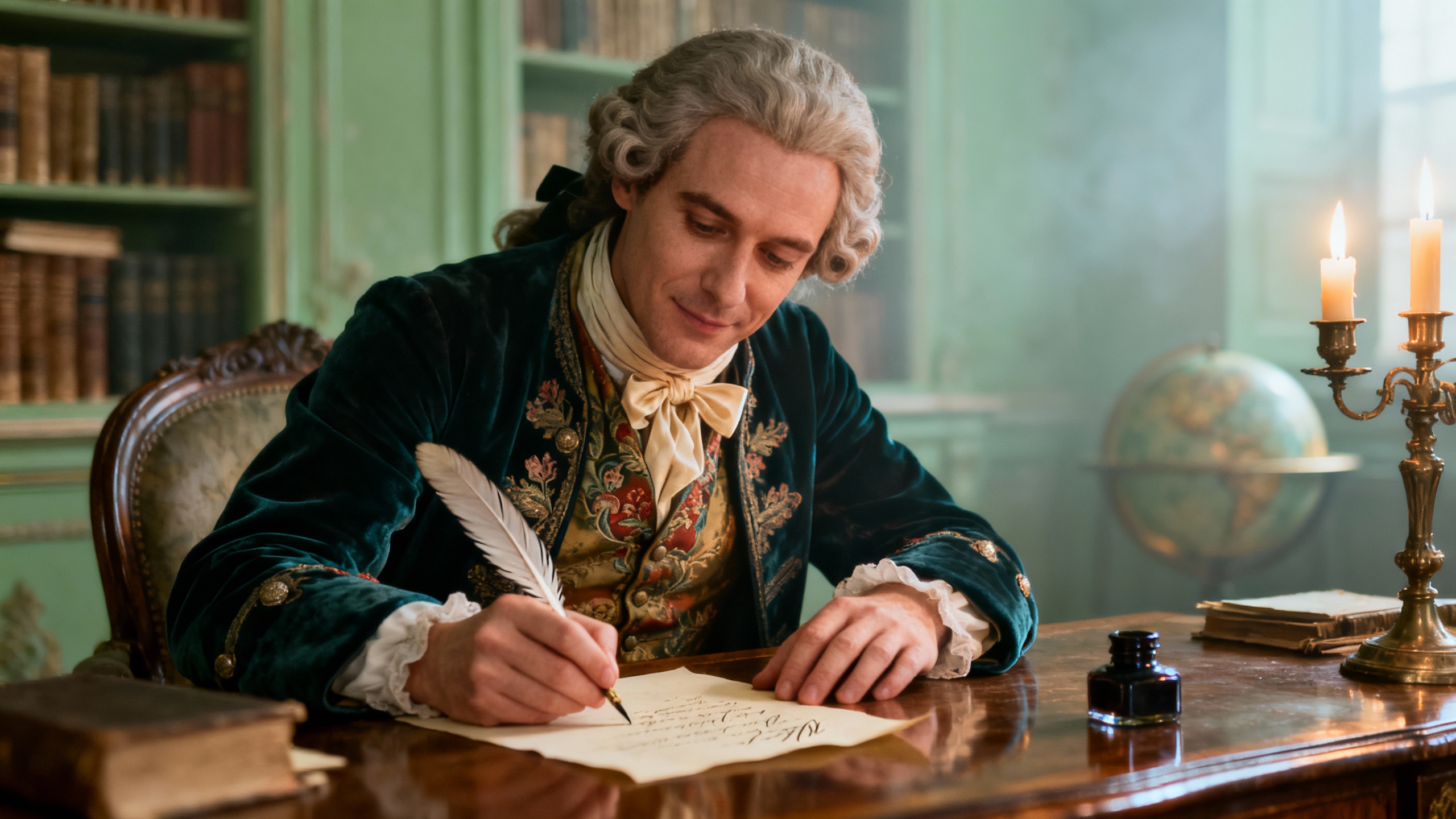 Giacomo Casanova scrive una lettera con penna d’oca in uno studio settecentesco illuminato da candele.